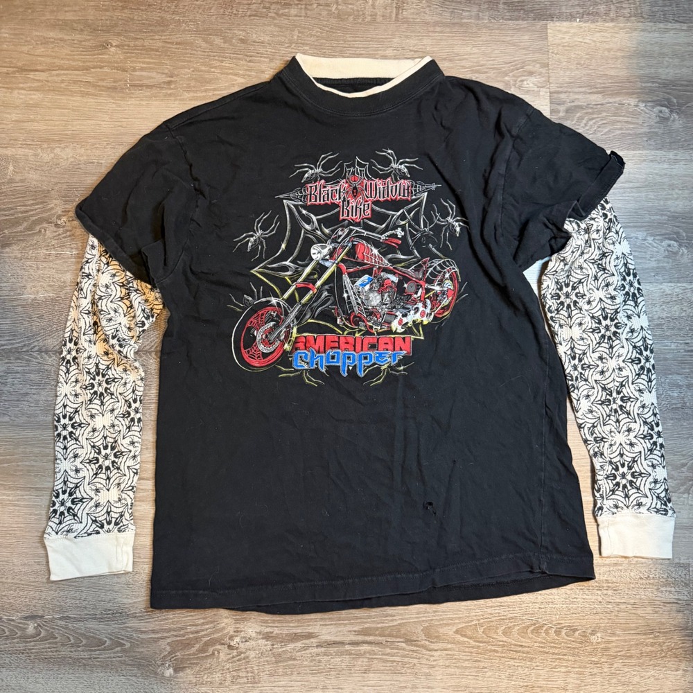 Y2k American Chopper Black Widow Bike Layered Long Sleeve Shirt Spiderweb XL